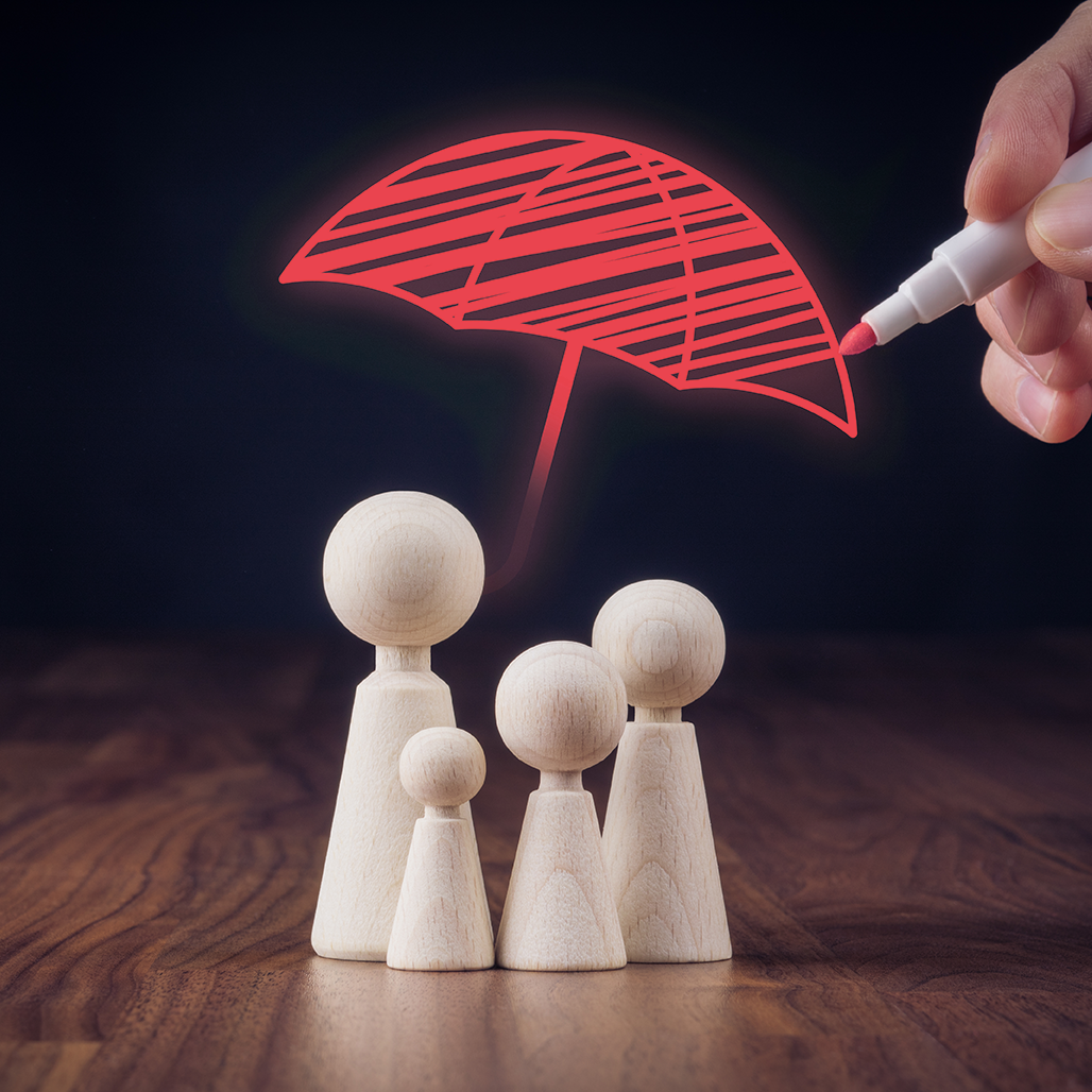image of an umbrella covering wooden figures
