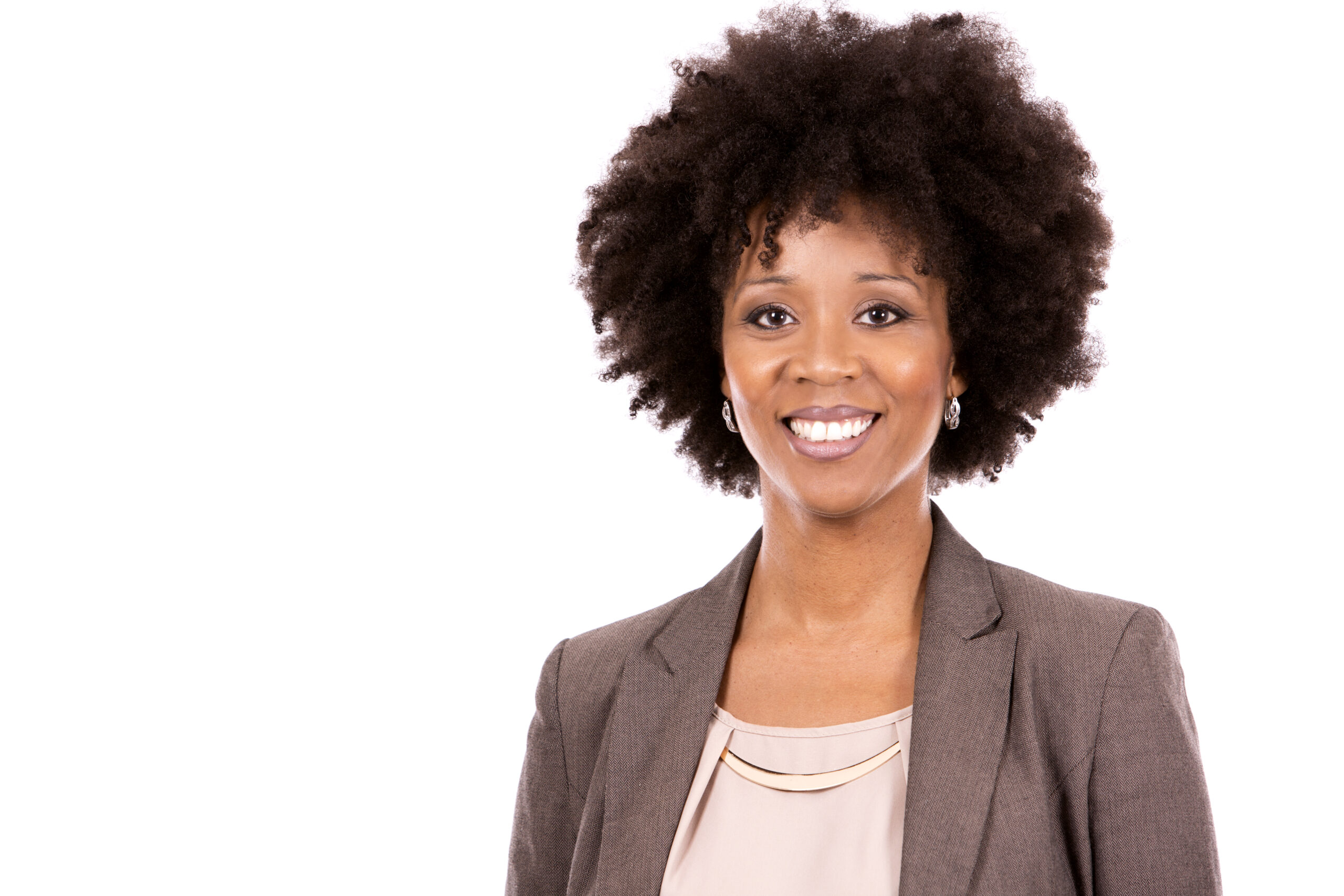 beautiful casual black woman wearing office wear on white isolated background
