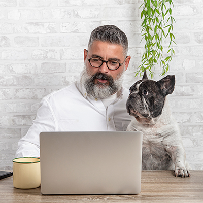 Freelance man working from home with his dog sitting together in office - stock photo