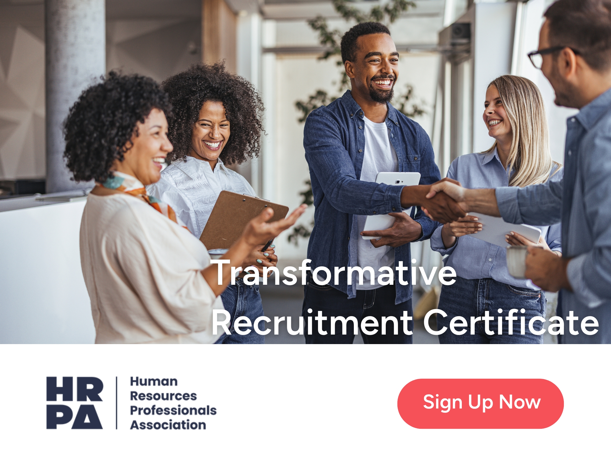 A diverse group of professionals smiling and shaking hands in a modern office environment. The image conveys teamwork, collaboration, and positive business relationships.