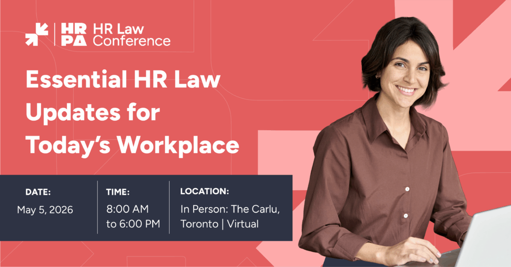 Smiling woman using a laptop in front of a coral background with HRPA branding, promoting the HR Law Conference titled "Essential HR Law Updates for Today’s Workplace" on May 5, 2025, at The Carlu in Toronto and online.